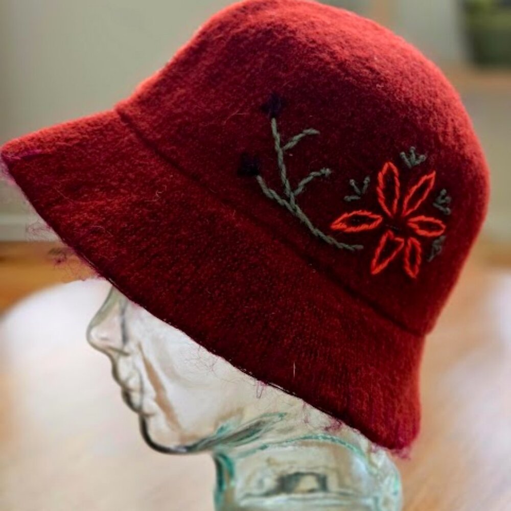 Burgandy Wool embroidered Hat